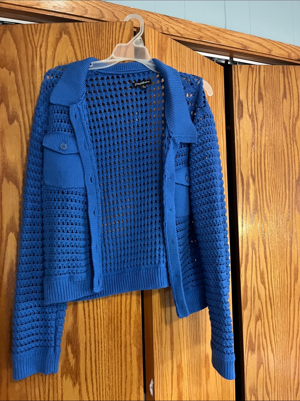 Open-Knit Royal Blue Button-Front Cardigan